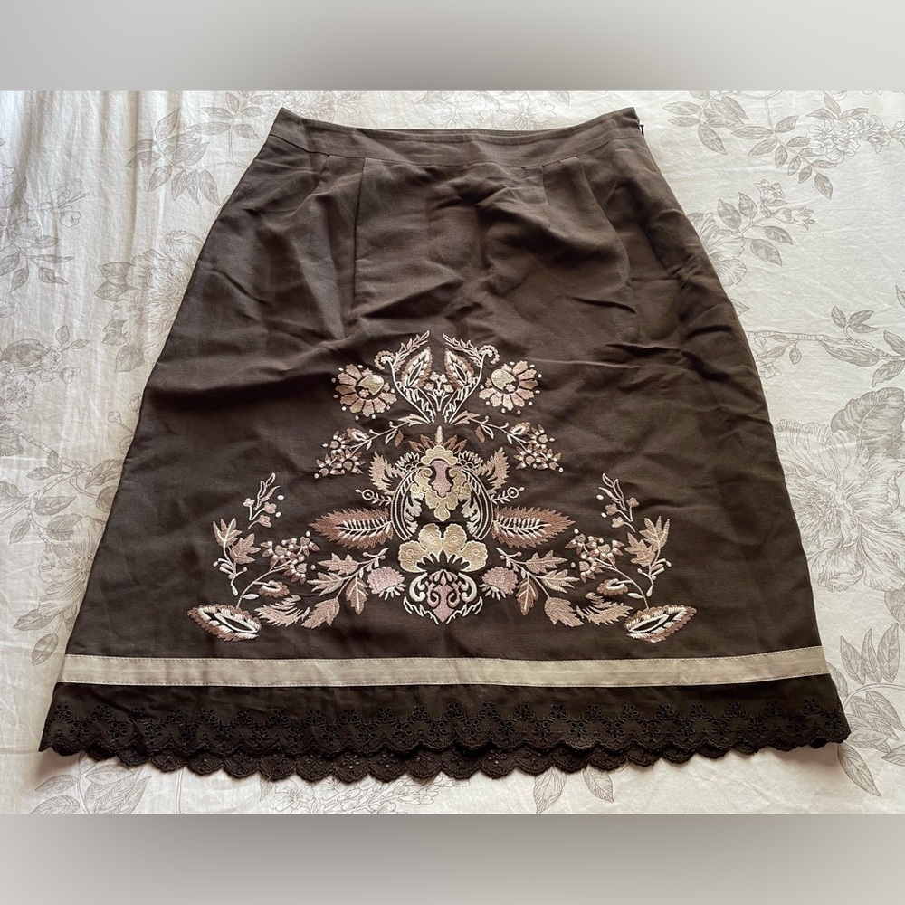 Y2K Chocolate Brown Linen Floral Embroidered Mini‎ Pencil Skirt 4 Coquette Fairy